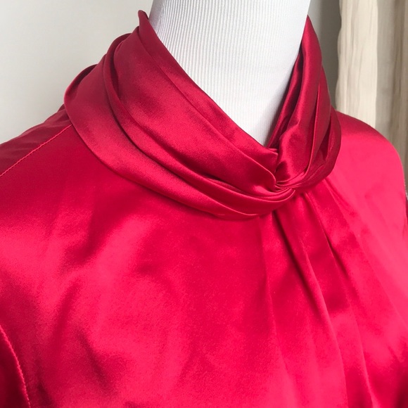 VTG Red Silk Satin Balloon Button Sleeve Blouse L - Picture 10 of 16